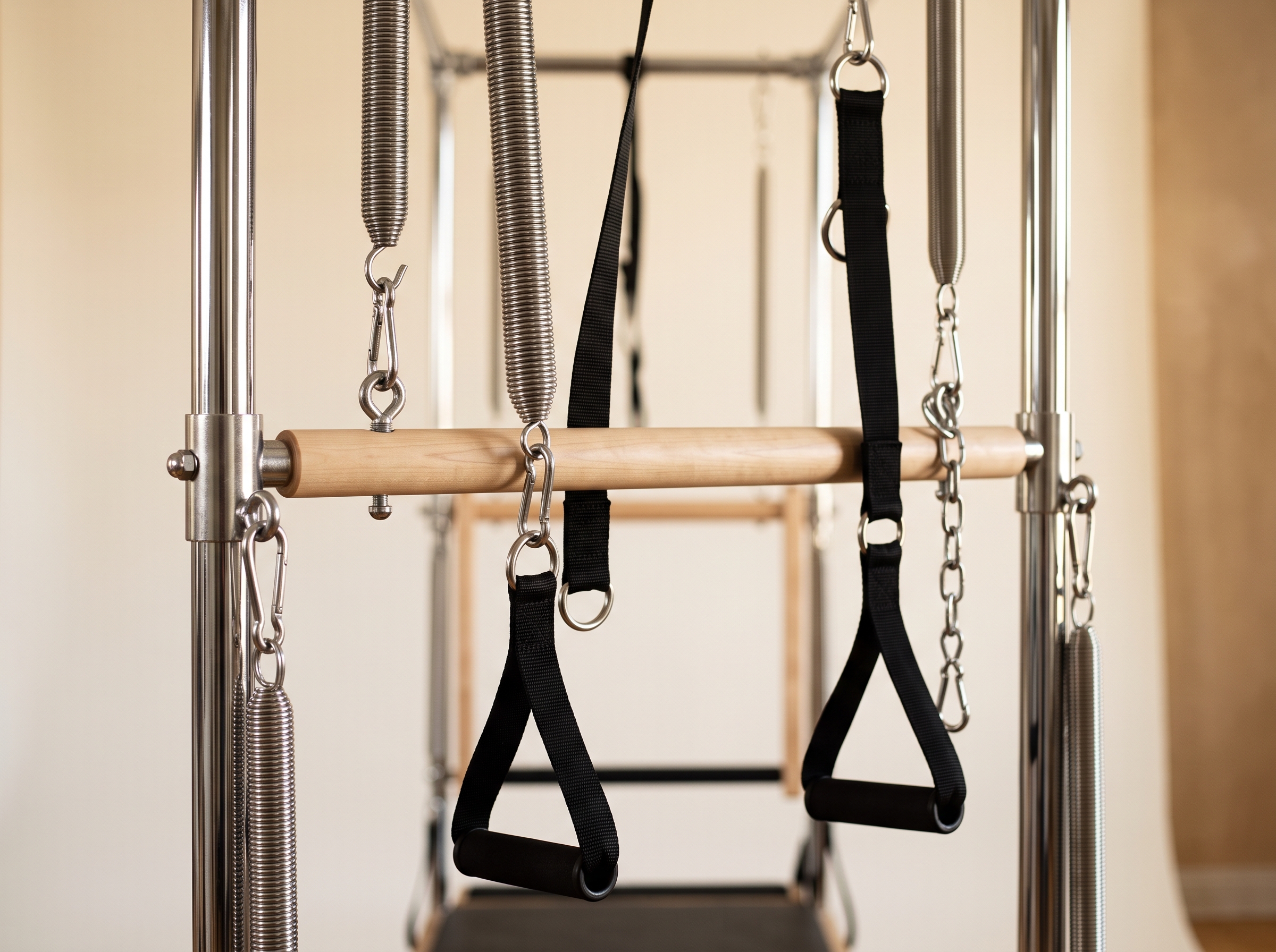 Detail of a Pilates reformer tower with springs and straps