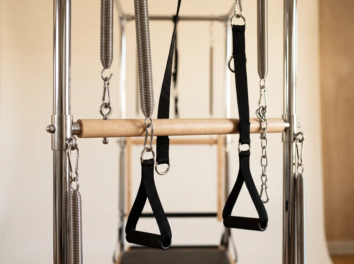 Detail of a Pilates reformer tower with springs and straps