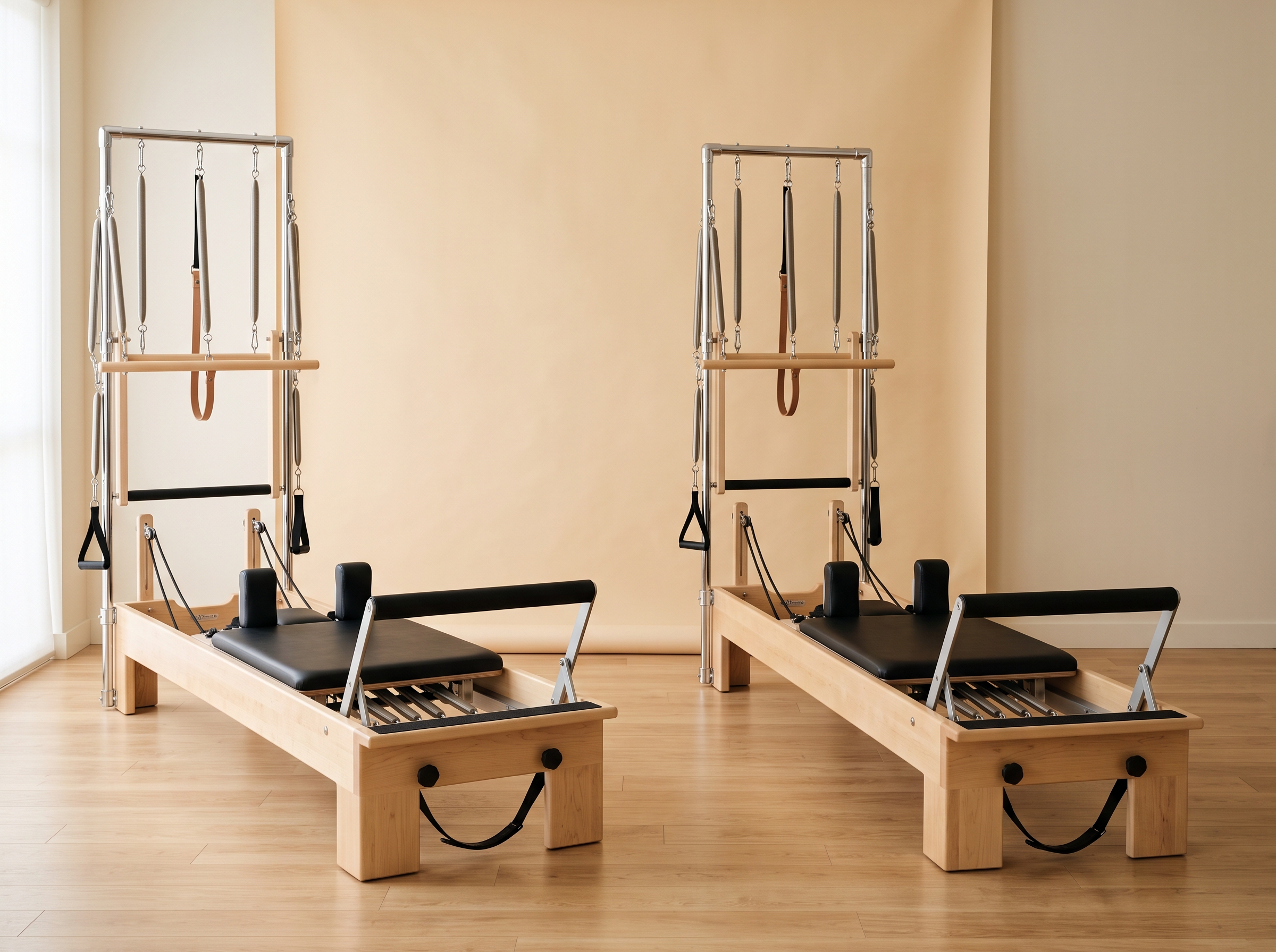 Two classical Pilates reformers side by side