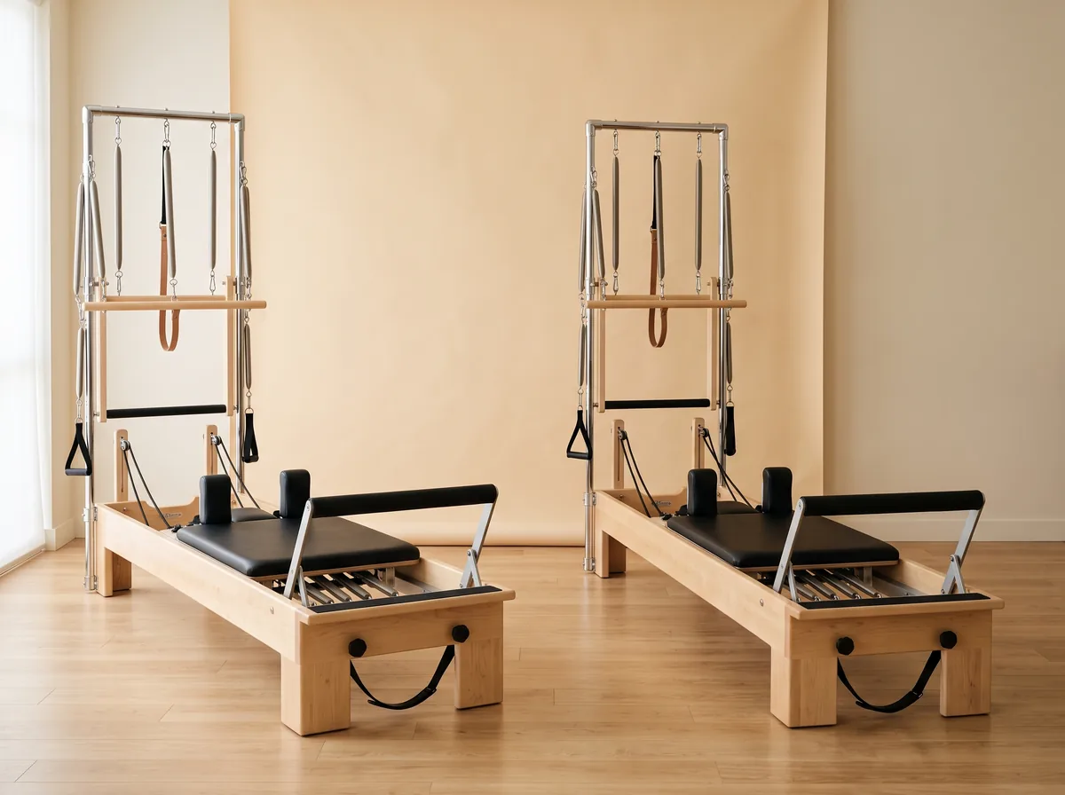 Two classical Pilates reformers side by side