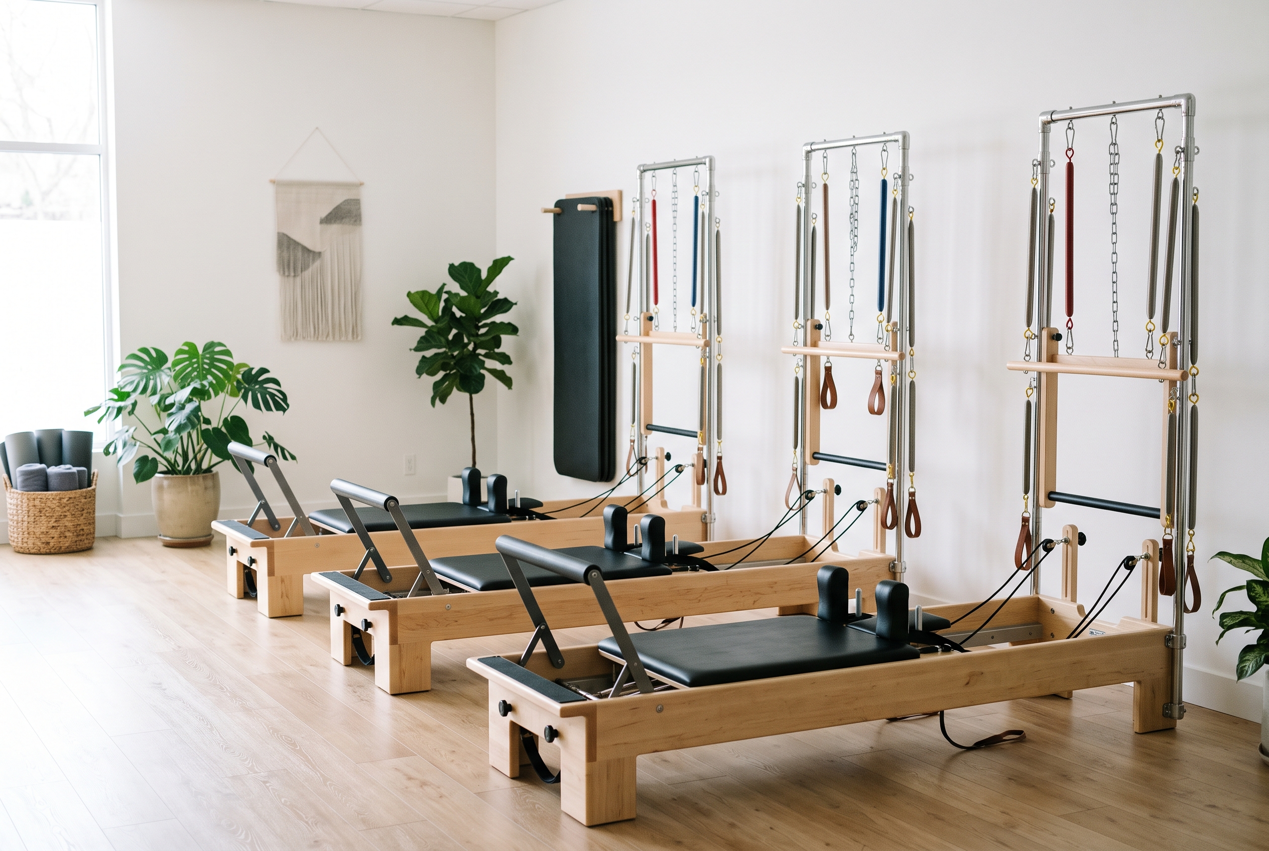 Row of classical Pilates reformers in a bright studio